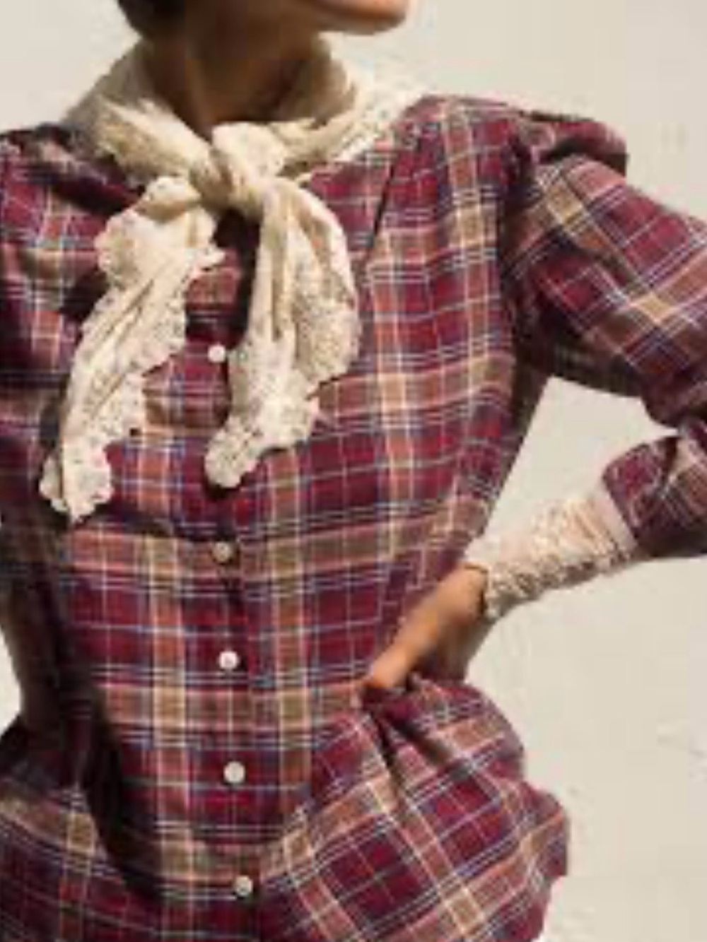Vintage 80’s Ralph Lauren Plaid Flannel Button Front
Lace Trim Scarf Cuffs - Picture 3 of 16